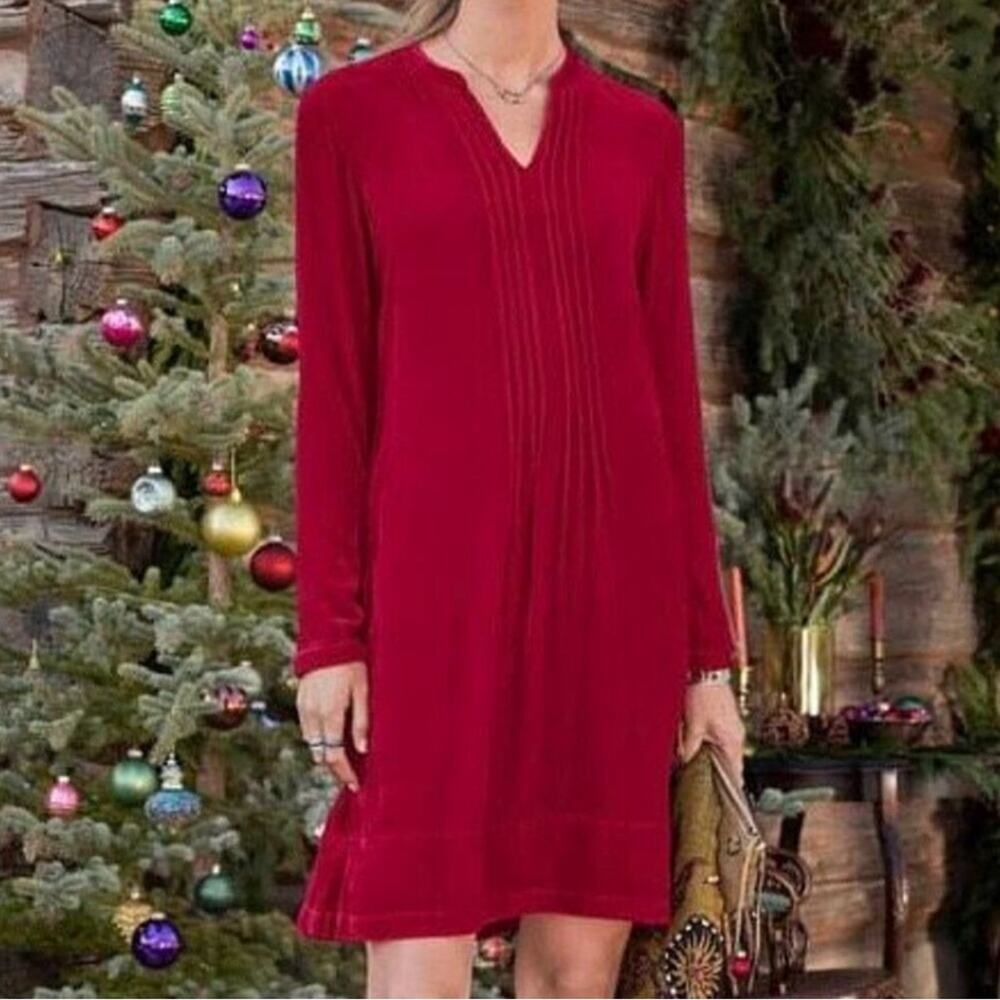 Sundance Red Pleated Velvet Enchantment Long Sleeve Dress Petite Small